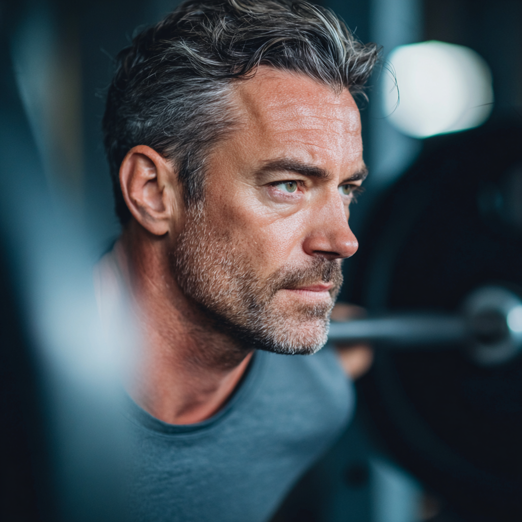Middle-aged man focusing during strength training session